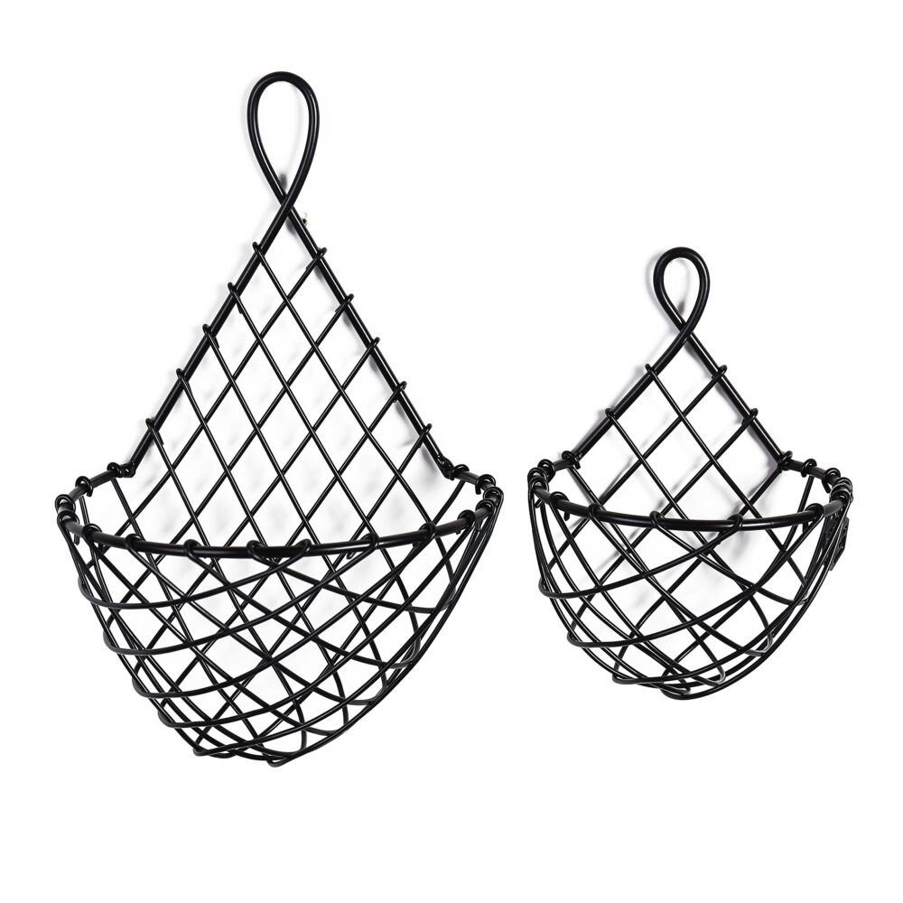 Set of 2 Stylish Baskets in Black Powder Coated Solid Iron Perfect for Vegetable and Fruit Storage Organizer Kitchenware Items