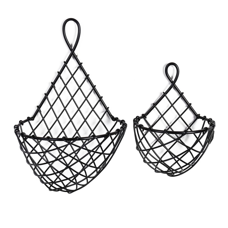 Set of 2 Stylish Baskets in Black Powder Coated Solid Iron Perfect for Vegetable and Fruit Storage Organizer Kitchenware Items