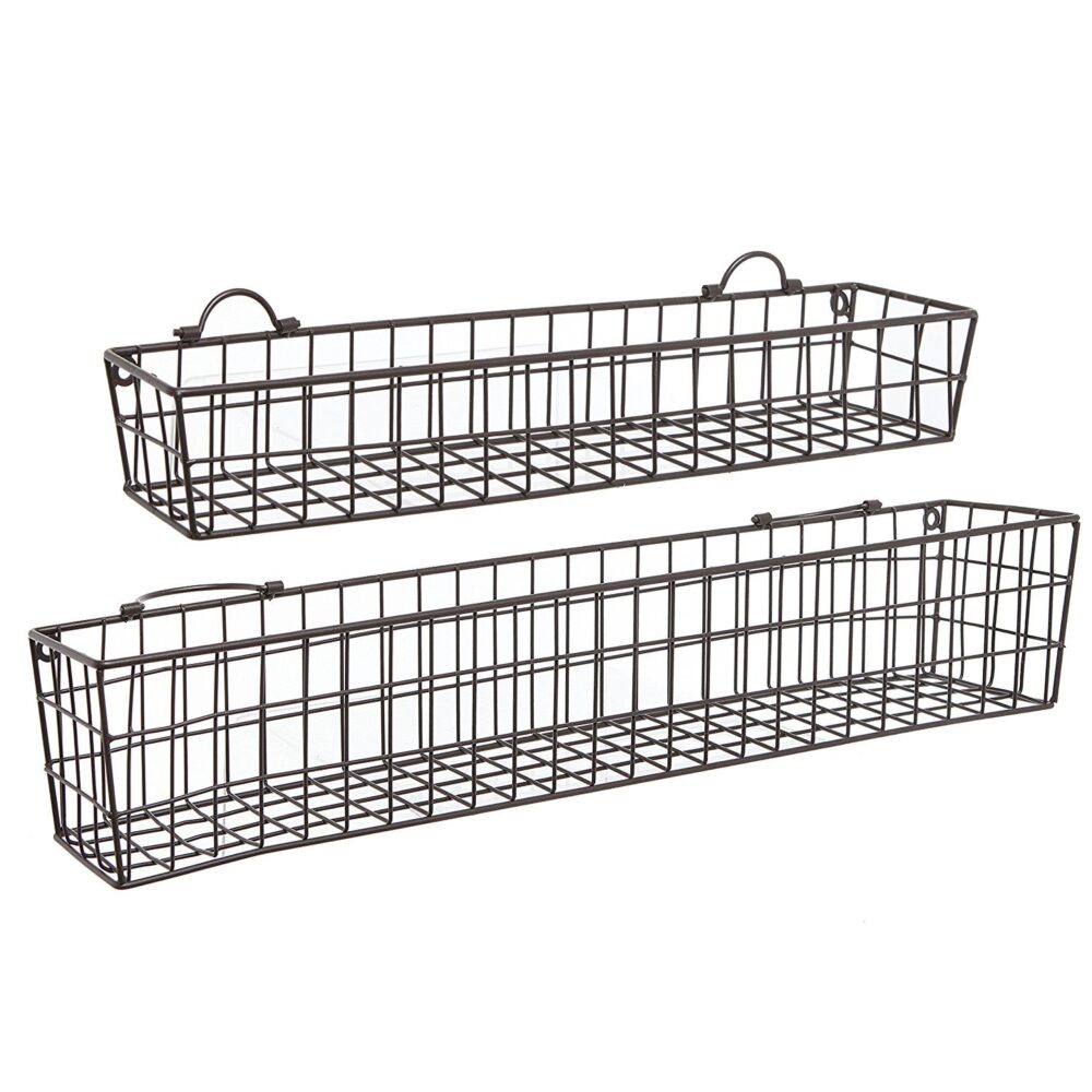 Set of 2 Black Wall Hanging Baskets in Iron Wire Perfect With Handles for Kitchen Storage of Cutlery and Brushes - Image 3