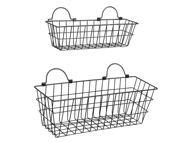 Set of 2 Black Wall Hanging Baskets in Iron Wire Perfect With Handles for Kitchen Storage of Cutlery and Brushes