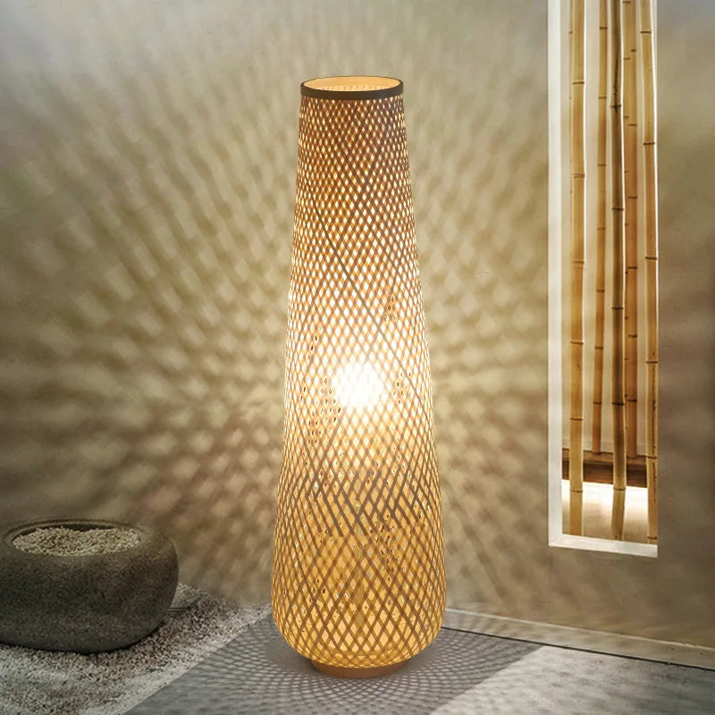 Cilynderal Design Handmade Bamboo Lamps For Home Decor Floor Hotel And Restaurant Supplies Pure Bamboo Wood Lamp With Iron Stand