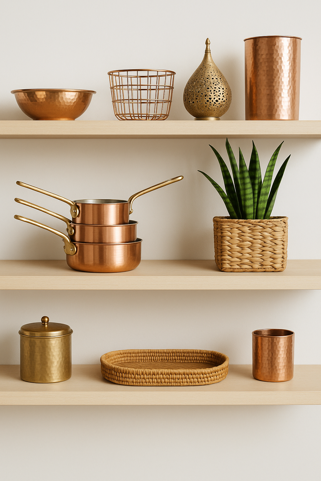 rattan and metal products in shelf