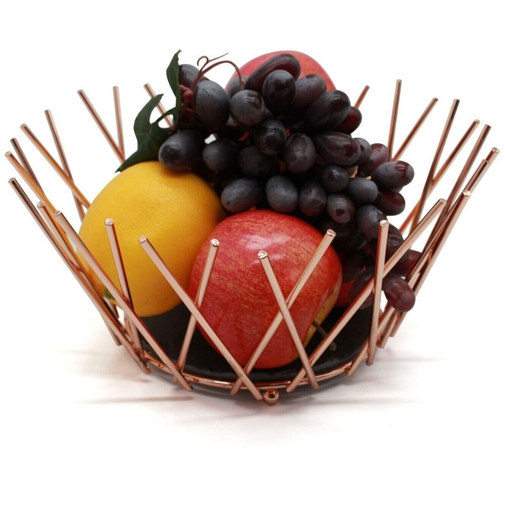 Copper Metal Wire Basket in Elegant Design with Slate Base Ideal for Decorative Fruit Storage and Tabletop Centerpiece
