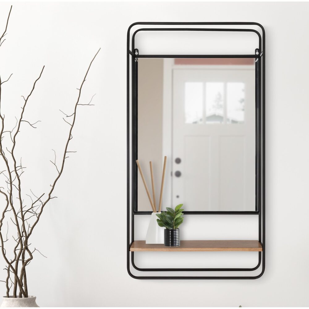 Elegant Curve Design Wall Mirror for Home Decor Room Decor Living Decor Silver Metal Wall Mirror With Wood Rack Luxury Gift Item