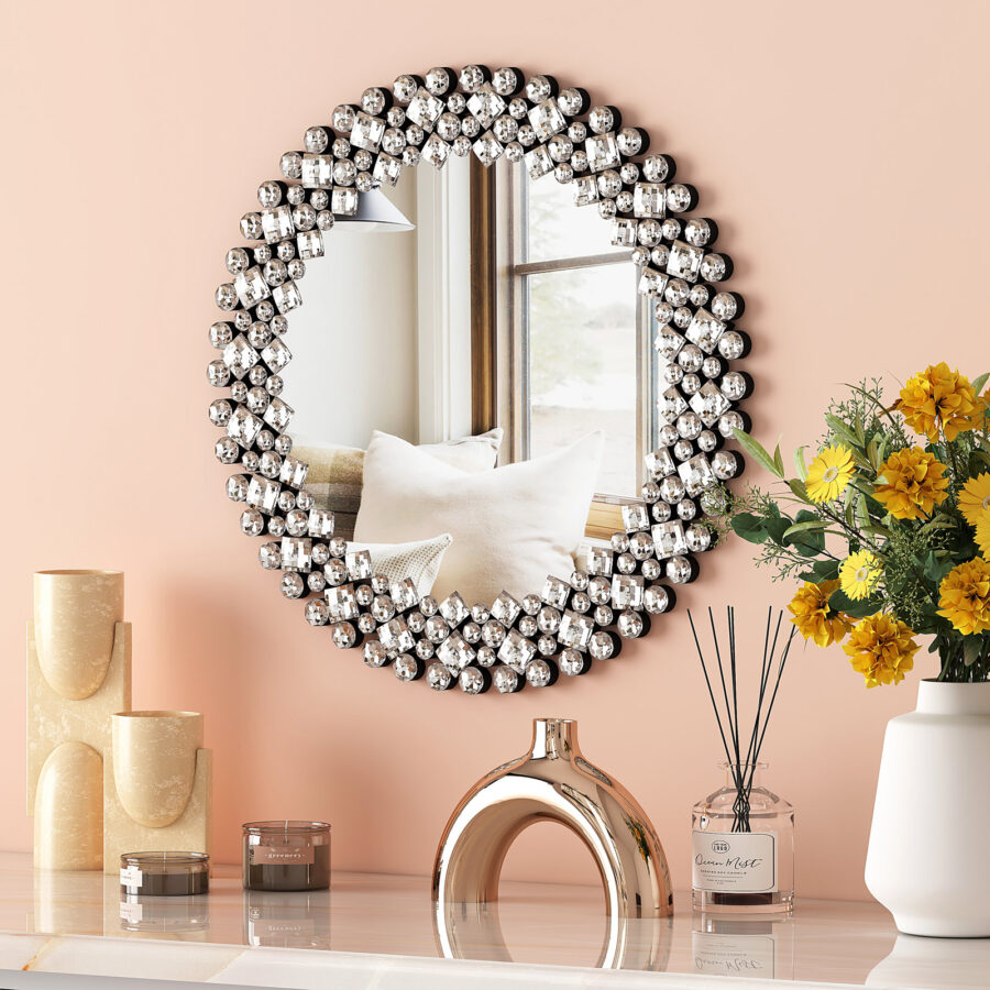 Modern Designed Wall Mirror With Round Crystal Frame for Home Decor Wall Decor Living Office and Bathroom Decor Luxury Gift Item