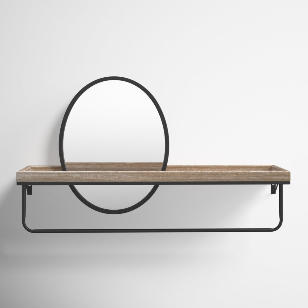 Stylish Wall Mirror Round Metal Wall Mirrors With Attached Wood Rack for Home Decor Office Living and Bathroom Decor Luxury Item